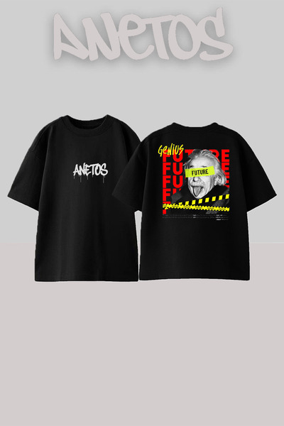 Anetos Μπλουζάκι Einstein Design με τύπωμα Cotton Black oversized
