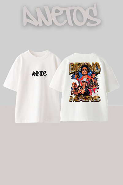 Anetos Bruno Mars 1 Design Spate cu imprimeu Bumbac Alb supradimensionat tricou