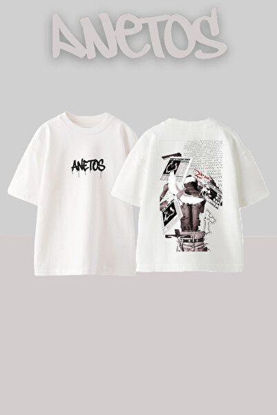 Anetos 2 Pac 7 Design Spate cu imprimeu Bumbac Alb supradimensionat tricou