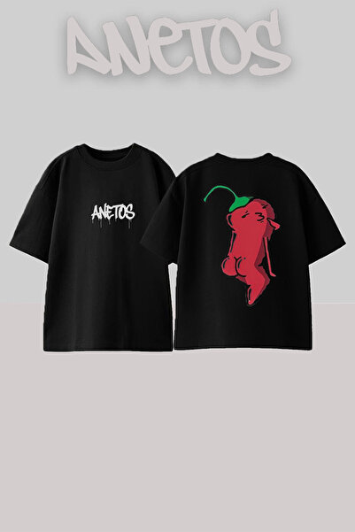 Anetos تي شيرت أسود كبير الحجم من القطن بتصميم الفلفل الأحمر ومطبوع على الظهر