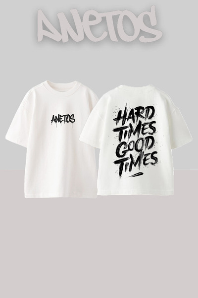 Anetos Hard Times Design Spate cu imprimeu Bumbac Alb supradimensionat tricou