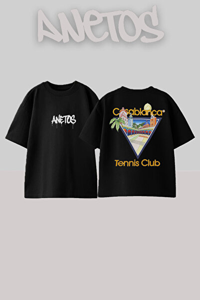 Anetos تي شيرت من القطن الأسود كبير الحجم بتصميم نادي كازابلانكا للتنس