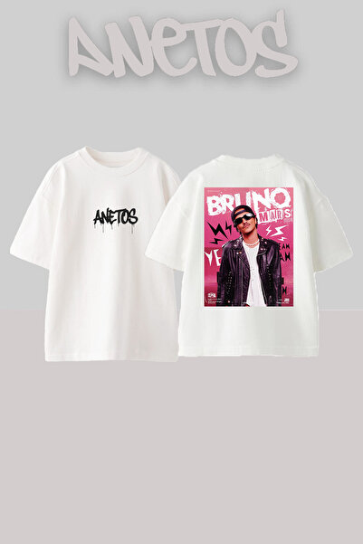 Anetos Bruno Mars 20 Design Back cu imprimeu Bumbac Alb supradimensionat tricou