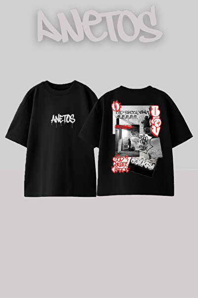 Anetos Old Skool Design Rucsac cu imprimeu Bumbac Negru supradimensionat tricou