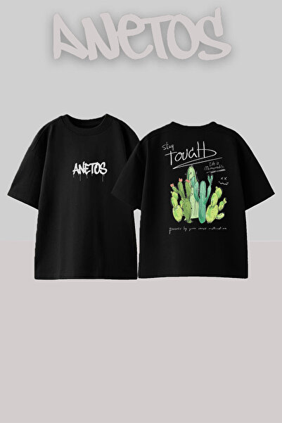 Anetos تي شيرت أسود كبير الحجم من القطن مطبوع عليه تصميم كاكتوس 2