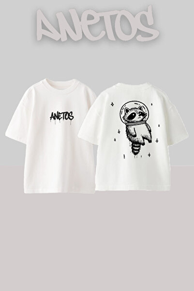 Anetos Astranot Rakun Design Rucsac cu imprimeu Bumbac Alb supradimensionat t...