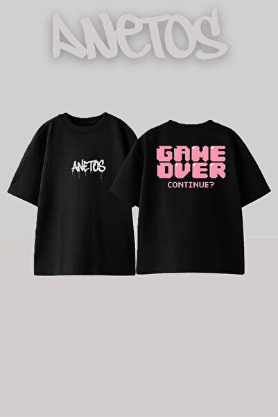 Anetos تي شيرت قطني أسود كبير الحجم مطبوع عليه تصميم Game Over على الظهر