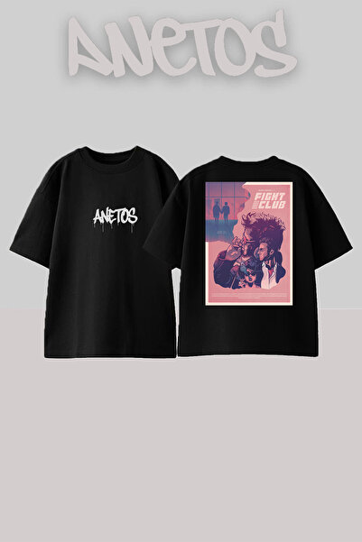 Anetos Fıght Clup Design Rucsac cu imprimeu Bumbac Negru supradimensionat tricou