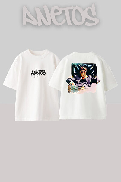 Anetos Scarface 10 Design Back cu imprimeu Bumbac Alb supradimensionat tricou