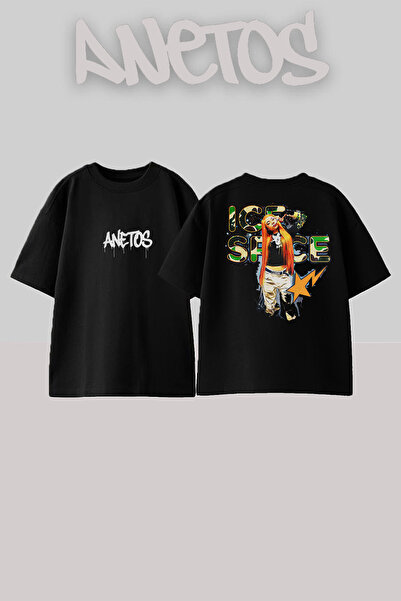 Anetos Ice Spice Design Spate cu imprimeu Bumbac Negru supradimensionat tricou