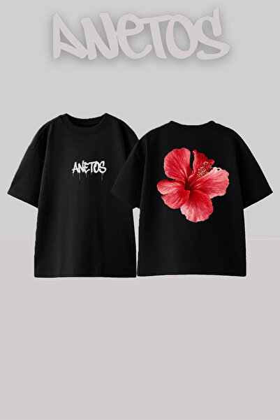Anetos Hibiscus Flower Design Spate cu imprimeu Bumbac Negru supradimensionat...