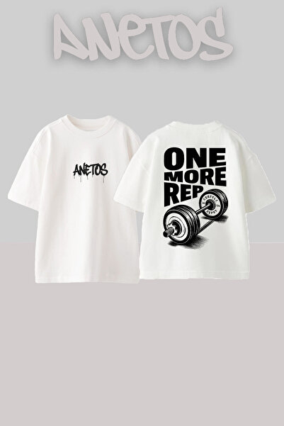 Anetos One More Rep 1 Design Spate cu imprimeu Bumbac Alb supradimensionat tr...