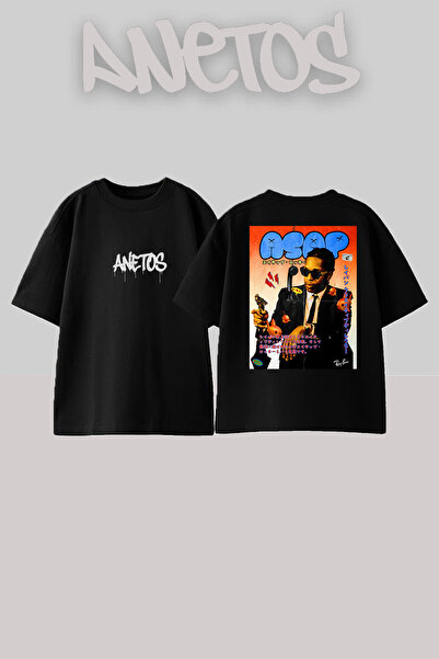 Anetos Asap Rocky 3 Design Rucsac cu imprimeu Bumbac Negru supradimensionat t...