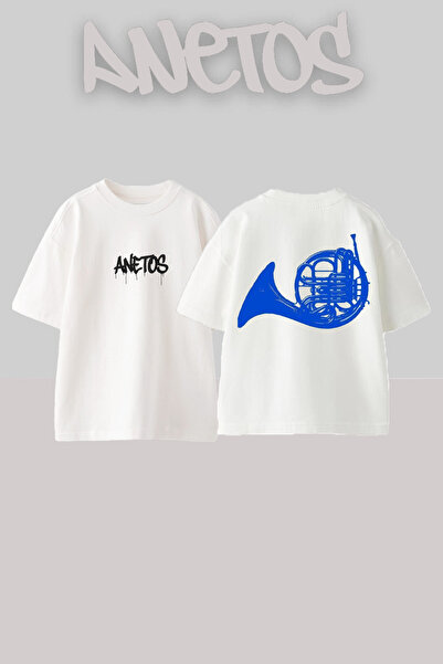 Anetos تي شيرت أبيض كبير الحجم من القطن مطبوع عليه تصميم الساكسفون الأزرق