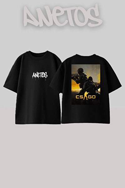 Anetos تي شيرت أسود كبير الحجم من القطن مطبوع عليه تصميم كاونتر سترايك