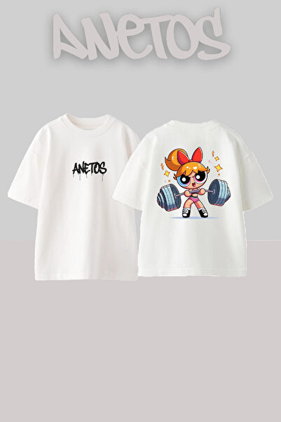 Anetos Power Girl Gym Design Spate cu imprimeu Bumbac Alb supradimensionat tr...