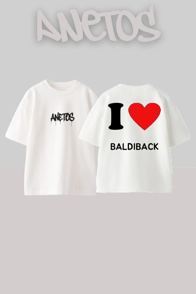 Anetos I Love Baldiback Tasarım Sτηθότυπος Pamuk Beyaz Oversize T-shirt