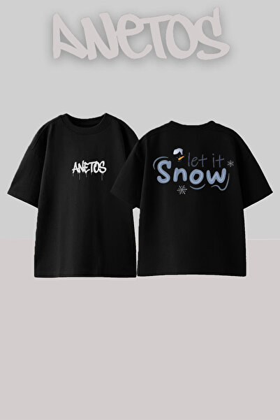 Anetos Μπλούζα Snow 1 Σχεδίαση με τύπωμα πίσω σε Βαμβάκι Μαύρη Oversized