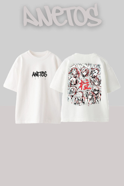 Anetos Demon Slayer 6 Design Back cu imprimeu Bumbac Alb supradimensionat tricou
