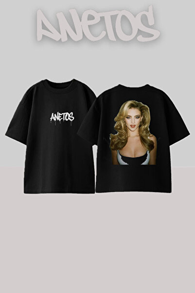 Anetos Blondes 1 Design Spate cu imprimeu Bumbac Negru supradimensionat tricou