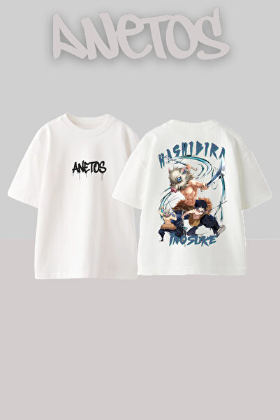 Anetos Demon Slayer 20 Design Back cu imprimeu Bumbac Alb supradimensionat tr...