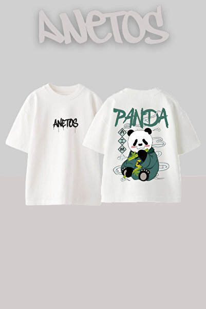 Anetos Panda 1 Design Rucsac cu imprimeu Bumbac Alb supradimensionat tricou