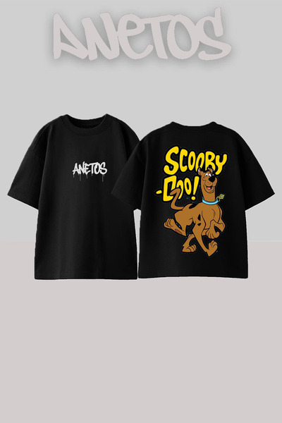 Anetos تي شيرت أسود كبير الحجم من القطن مطبوع عليه تصميم سكوبي دو 3