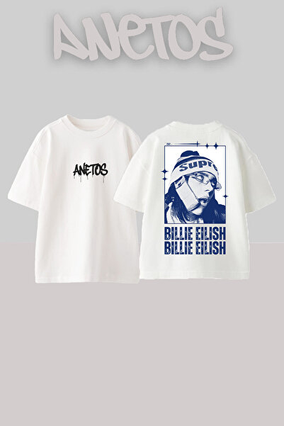Anetos Billie Eilish 8 Tasarım Sırt Baskılı Pamuk Beyaz Oversize T-shirt