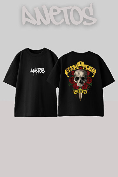 Anetos Guns N' Roses 11 Дизайн с печат на гърба Памучна черна тениска с голям...