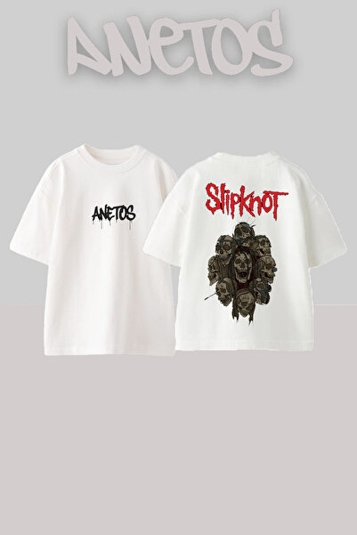 Anetos Slipknot 9 Design Back cu imprimeu Bumbac Alb supradimensionat tricou