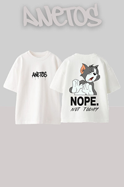 Anetos Nope Tom Design Back cu imprimeu Bumbac Alb supradimensionat tricou