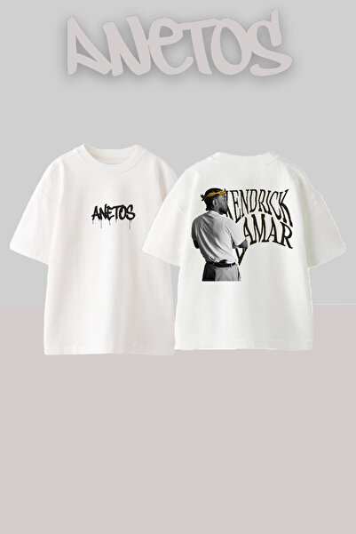 Anetos تي شيرت كيندريك لامار 7 بتصميم ظهر مطبوع من القطن الأبيض مقاس كبير
