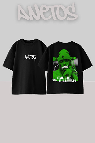 Anetos Μπλουζάκι Billie Eilish 3 Design Back με τύπωμα Βαμβακερό μαύρο oversized