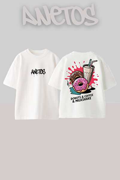 Anetos Donuts Coffee Design Spate cu imprimeu Bumbac Alb supradimensionat tricou