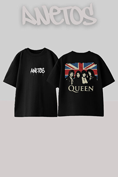 Anetos Queen 5 Design Spate cu imprimeu Bumbac Negru supradimensionat tricou