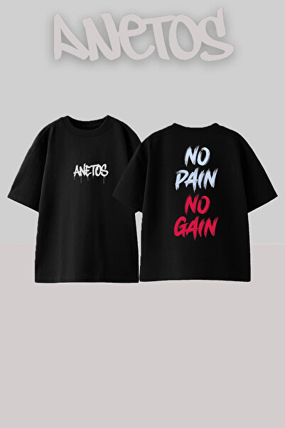 Anetos No Pain No Gain Design Spate cu imprimeu Bumbac Negru supradimensionat...