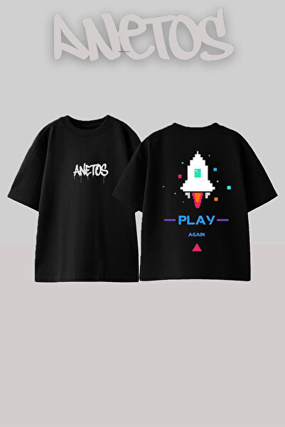 Anetos Play Rocket Design Rucsac cu imprimeu Bumbac Negru supradimensionat tr...