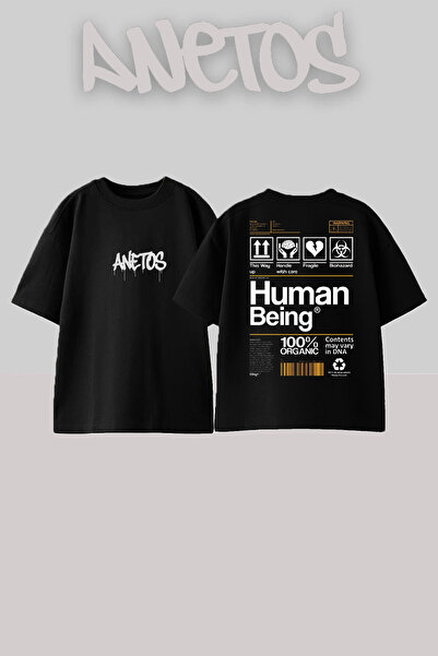 Anetos Human Being Design Spate cu imprimeu Bumbac Negru supradimensionat tricou