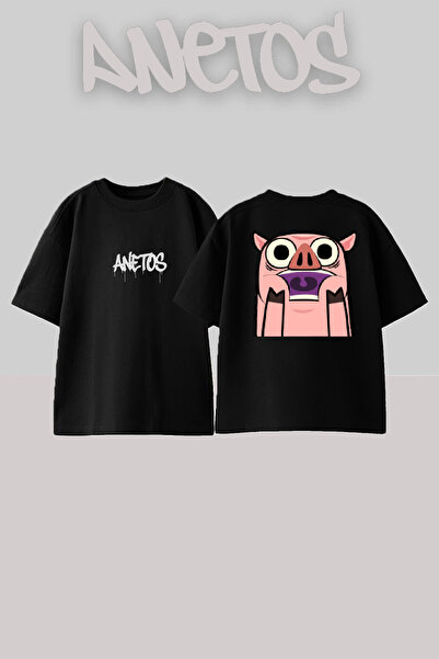 Anetos Μαύρο Oversize T-shirt Pig Design με τύπωμα στην πλάτη