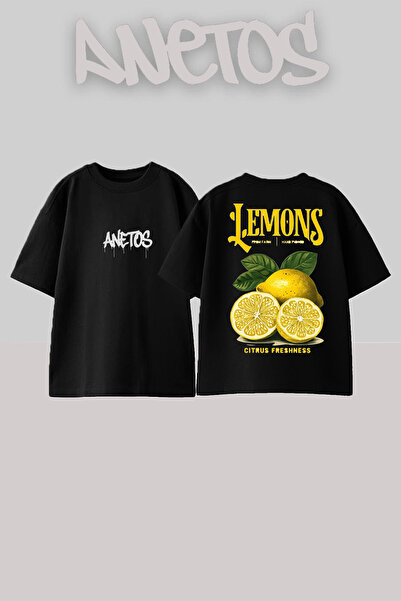 Anetos تي شيرت أسود كبير الحجم من القطن مطبوع عليه تصميم الليمون