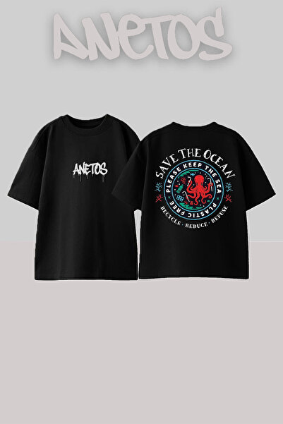 Anetos Save the Ocean Design Back Printed Cotton Black Oversize T-Shirt
