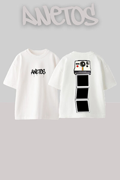 Anetos تي شيرت أبيض كبير الحجم من القطن مطبوع عليه تصميم كاميرا التصوير الفوتوغرافي