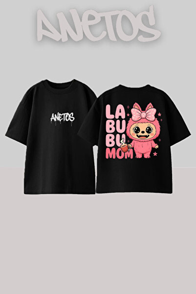 Anetos Labubu Mom Design Rucsac cu imprimeu Bumbac Negru supradimensionat tricou