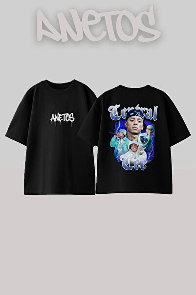 Anetos Central Cee 9 Design Spate cu imprimeu Bumbac Negru supradimensionat t...