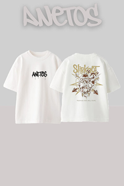 Anetos Slipknot 26Design Back cu imprimeu Bumbac Alb supradimensionat tricou