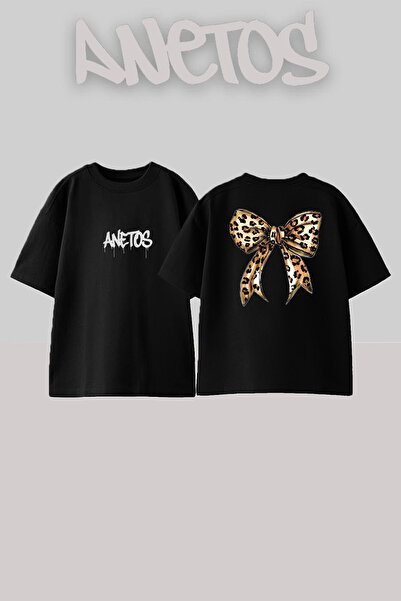 Anetos تي شيرت أسود كبير الحجم من القطن مطبوع عليه تصميم ليوبارد كورديل 1