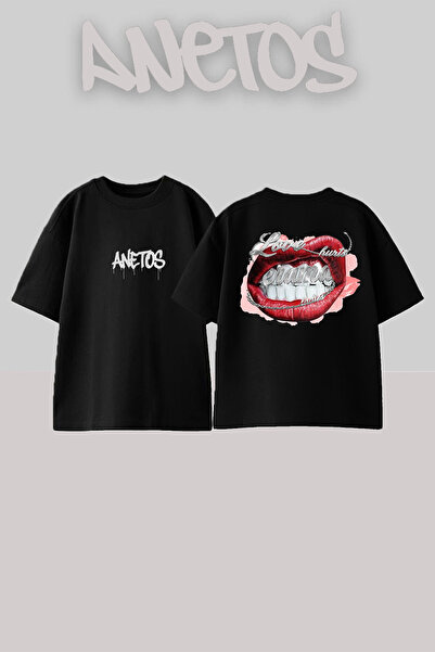 Anetos Rucsac Enama Design cu imprimeu Bumbac Negru supradimensionat tricou