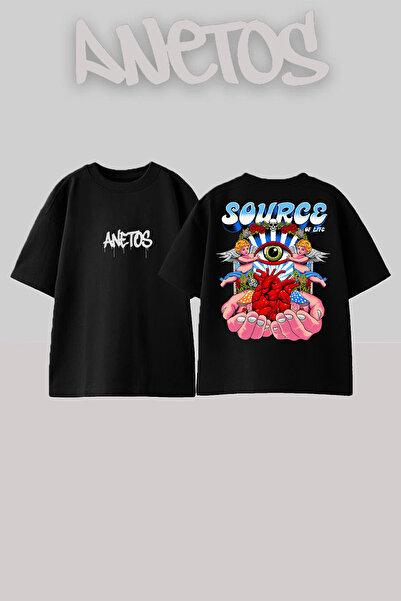 Anetos Rucsac Source Design cu imprimeu Bumbac Negru supradimensionat tricou