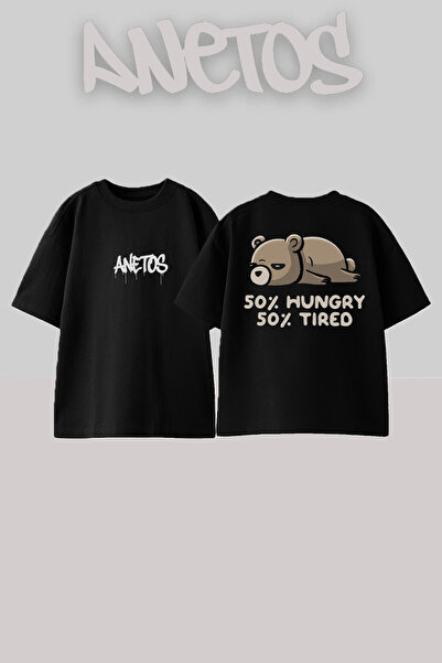 Anetos AC Bear Design Leđa Štampano Pamuk Crna Oversize kroj T-shirt
