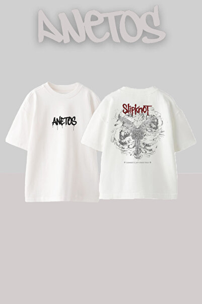 Anetos Slipknot 12 Design Back cu imprimeu Bumbac Alb supradimensionat tricou